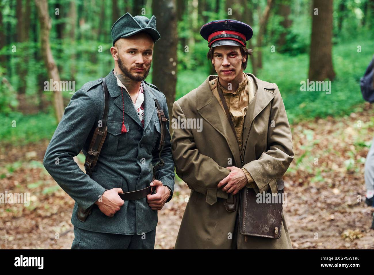 TERNOPIL, UKRAINE - June 2020 UPA Ukrainian Insurgent Army movie filming. Pictures of backstage. Two enemy soldiers posing for the camera Stock Photo