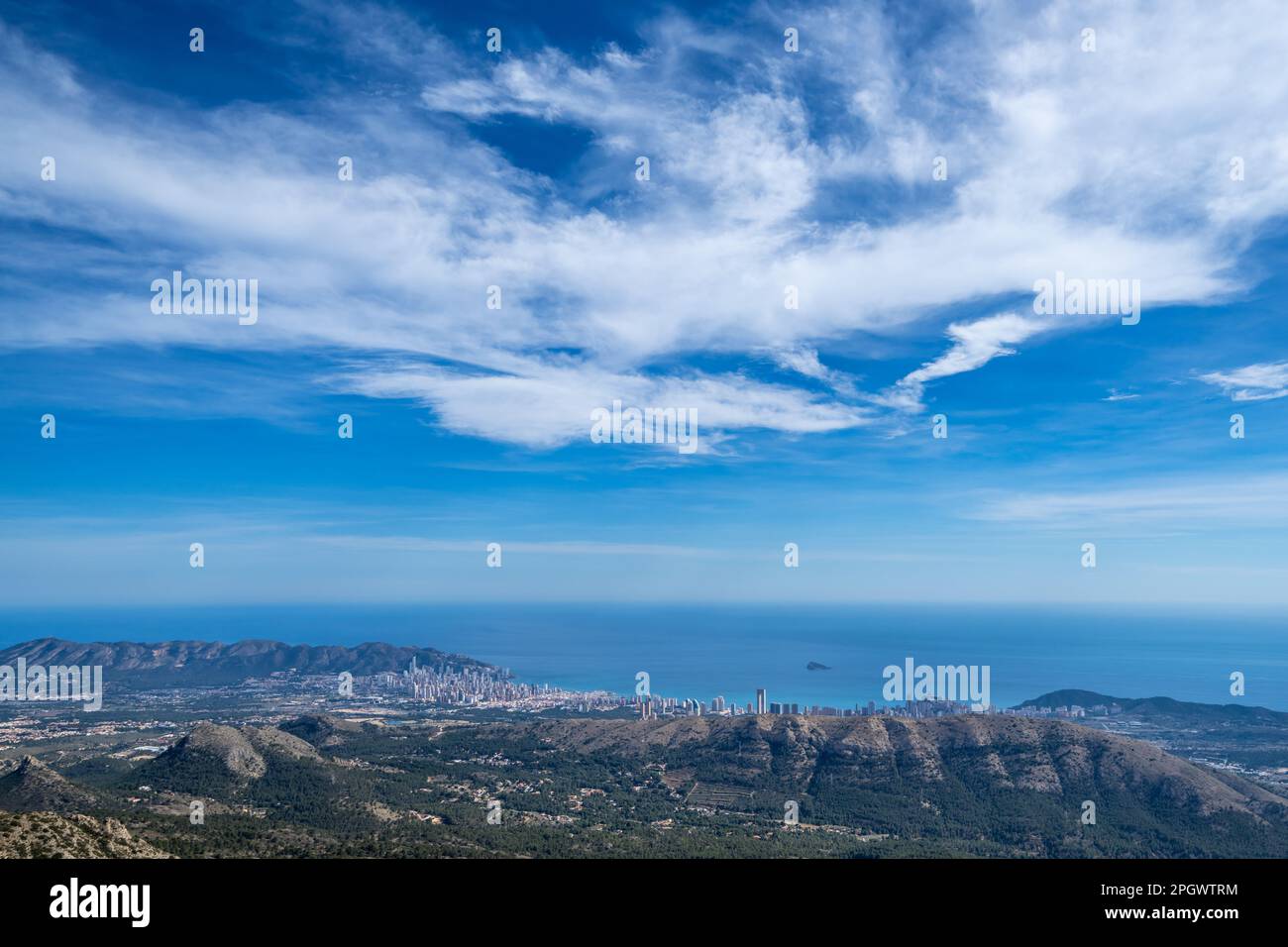 Benidorm city seen from Puig Campana mountain near Finestrat, Spain Stock Photo