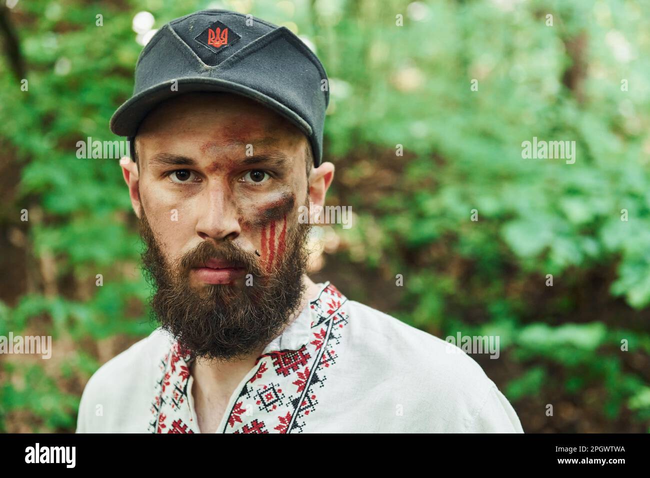 TERNOPIL, UKRAINE - June 2020 UPA Ukrainian Insurgent Army movie filming. Pictures of backstage. Young man with blood on face Stock Photo