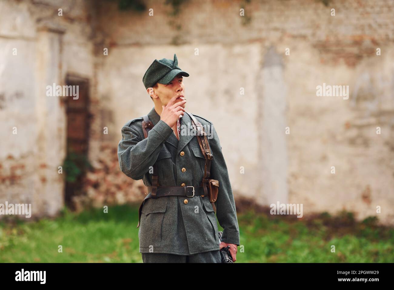 TERNOPIL, UKRAINE - June 2020 UPA Ukrainian Insurgent Army movie filming. Pictures of backstage. Young soldier smoking Stock Photo