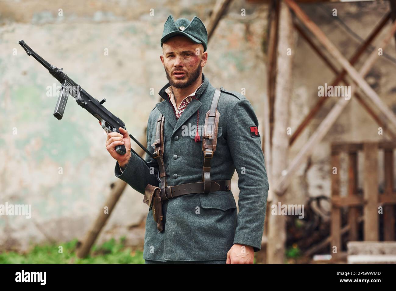 TERNOPIL, UKRAINE - June 2020 UPA Ukrainian Insurgent Army movie filming. Pictures of backstage. Young soldier with weapon Stock Photo
