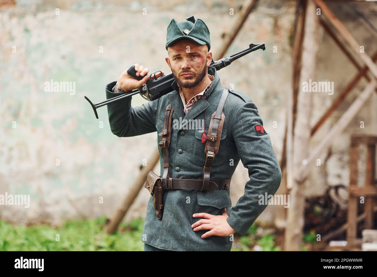 TERNOPIL, UKRAINE - June 2020 UPA Ukrainian Insurgent Army movie filming. Pictures of backstage. Young soldier with weapon Stock Photo