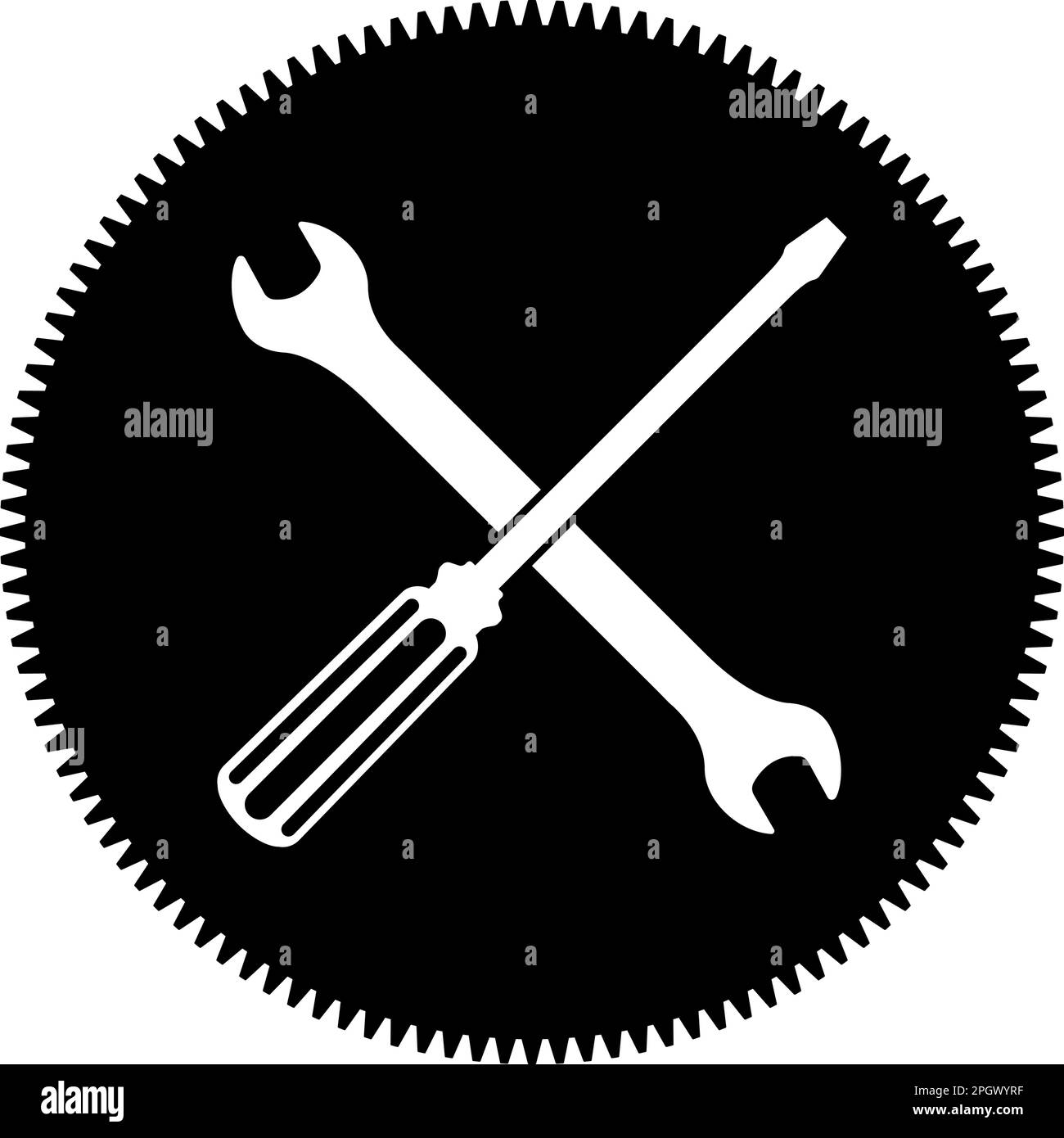Wrench, screwdriver on Gear Cogwheel symbol. Tools and Service logo