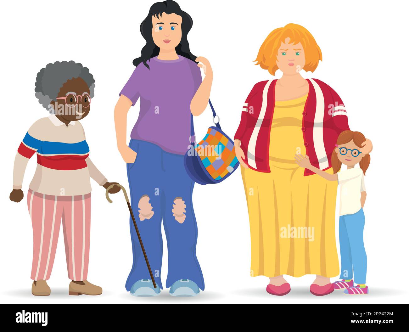 Reconstructed family made up of an African-American grandmother with a cane and glasses, two young mothers, one fat and one skinny, and young daughter Stock Vector
