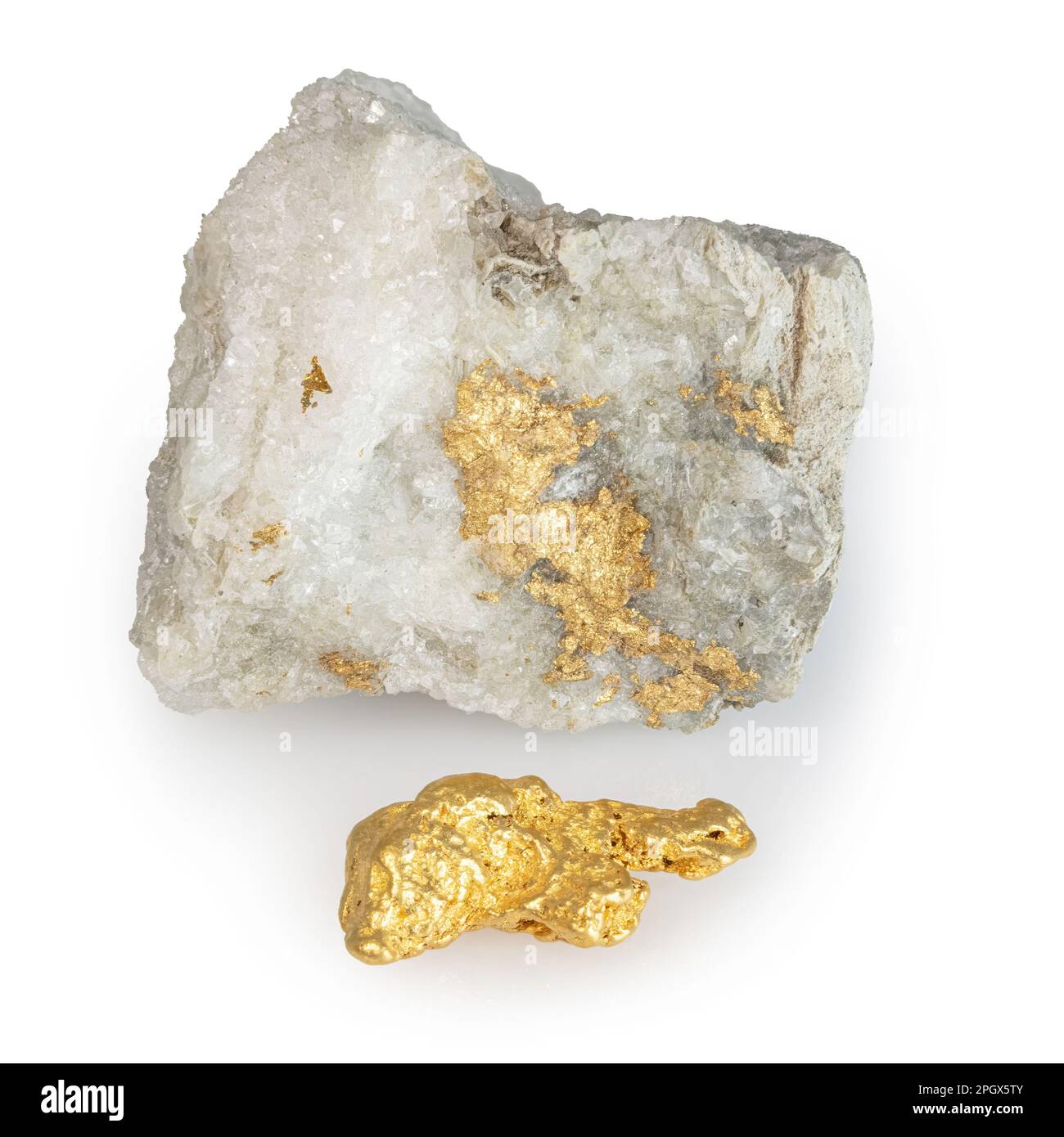 Gold on quartz and gold nugget on white background Stock Photo
