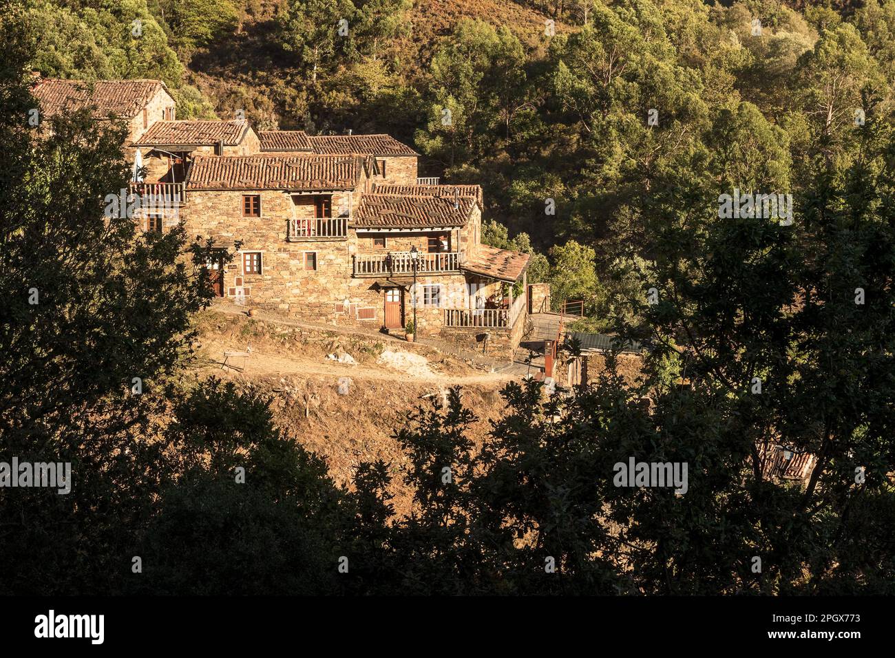 Typical schist houses in the village of Cerdeira in the Lousã mountain range in Portugal. Stock Photo