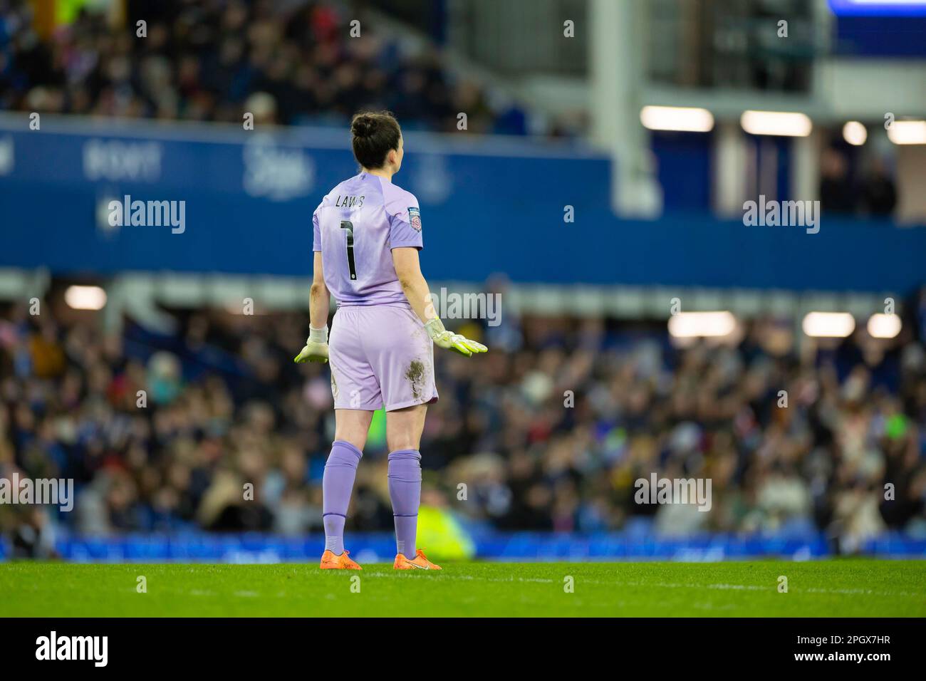 Liverpool, UK. 24th Mar, 2023. Liverpool, England, March 24th 2023: Goalkeeper Rachael Laws (1 Liverpool) urges her team to remain calm during the FA Womens Super League football match between Everton and Liverpool at Goodison Park in Liverpool, England. (James Whitehead/SPP) Credit: SPP Sport Press Photo. /Alamy Live News Stock Photo