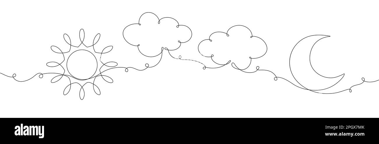 Continuous line sun cloud art. Single line sketch sunny summer travel concept Stock Vector