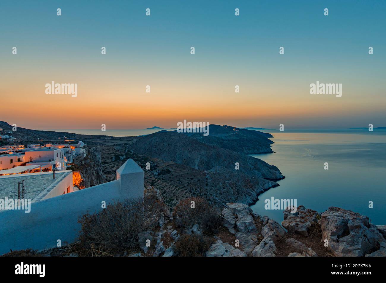 Panoramic view of Folegandros island at dusk Stock Photo