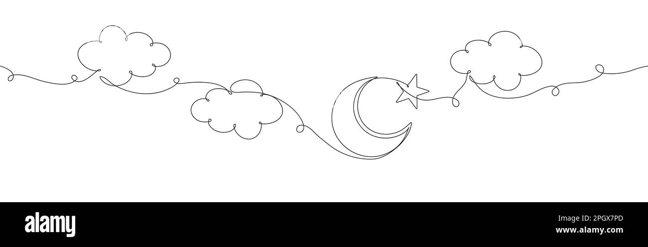 One single line drawing with cloud and star on white background. Continuous line draw vector illustration. Stock Vector