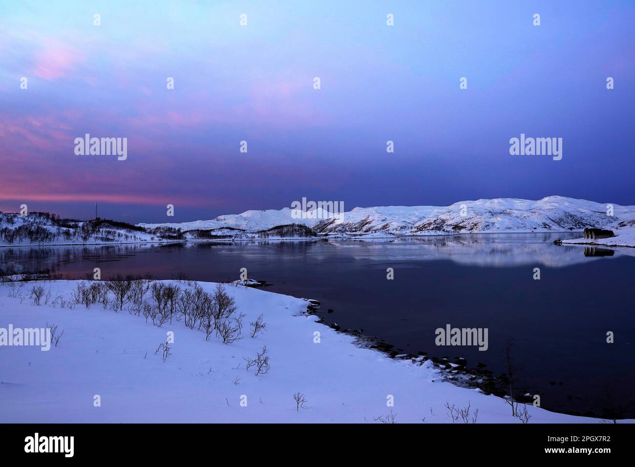 snowy landscape fjord tromso norway sunset Stock Photo