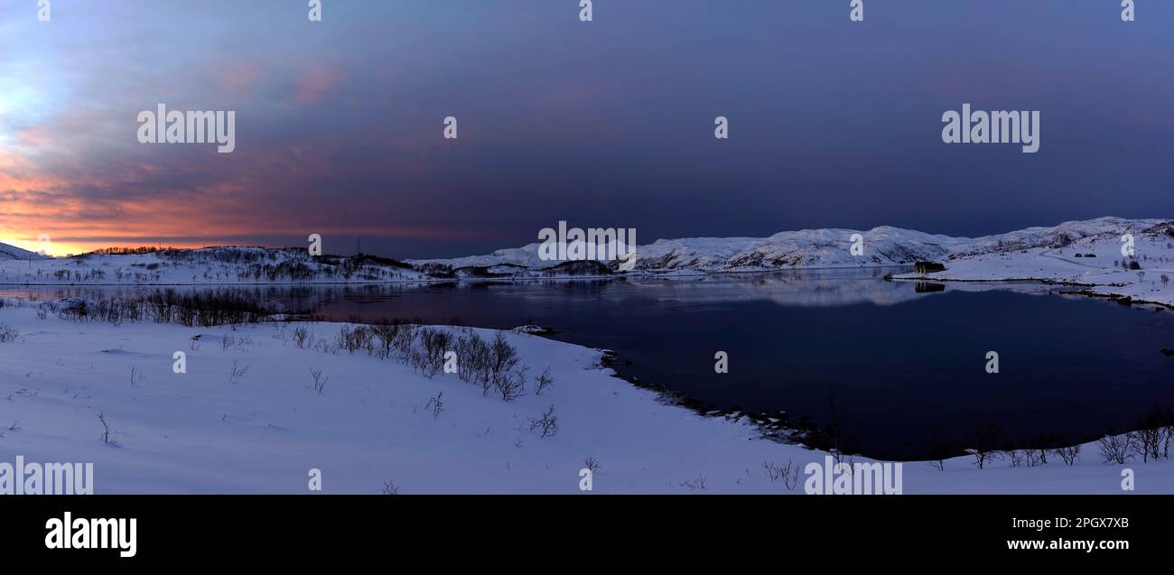 snowy landscape fjord tromso norway sunset Stock Photo