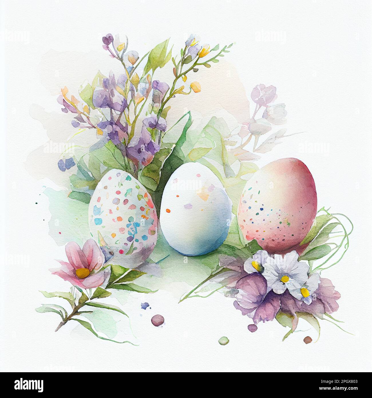 Easter coloring eggs in flowers hand drawn watercolor illustration ...