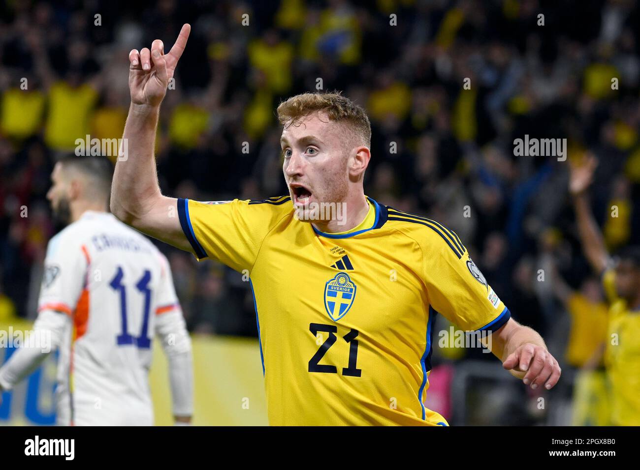 Sweden's Dejan Kulusevski celebrates the goal that was disqualified during the UEFA Euro 2024 group F qualifier football match between Sweden and Belg Stock Photo