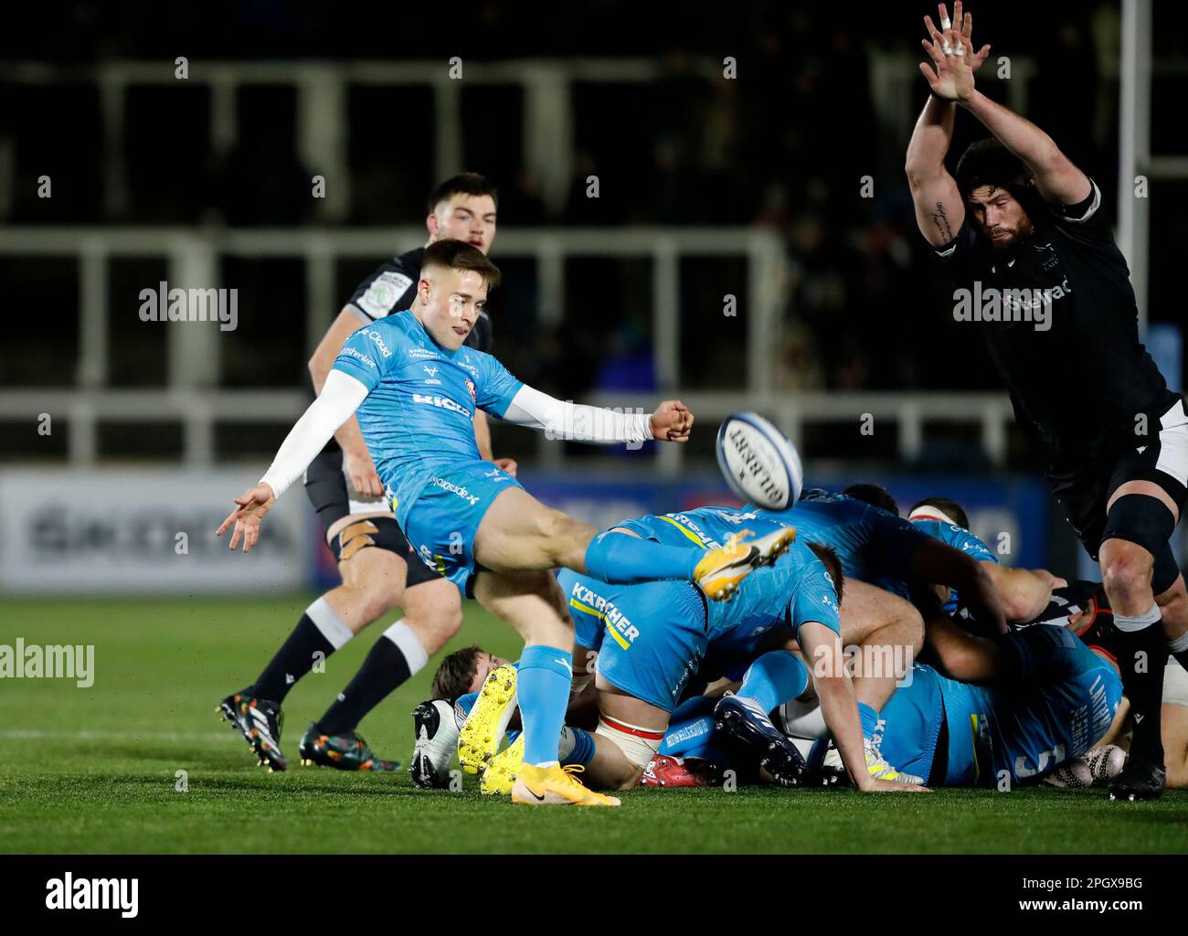Gloucester's Stephen Varney kicks away during the Gallagher Premiership match at Kingston Park, Newcastle upon Tyne. Picture date: Friday March 24, 2023. Stock Photo
