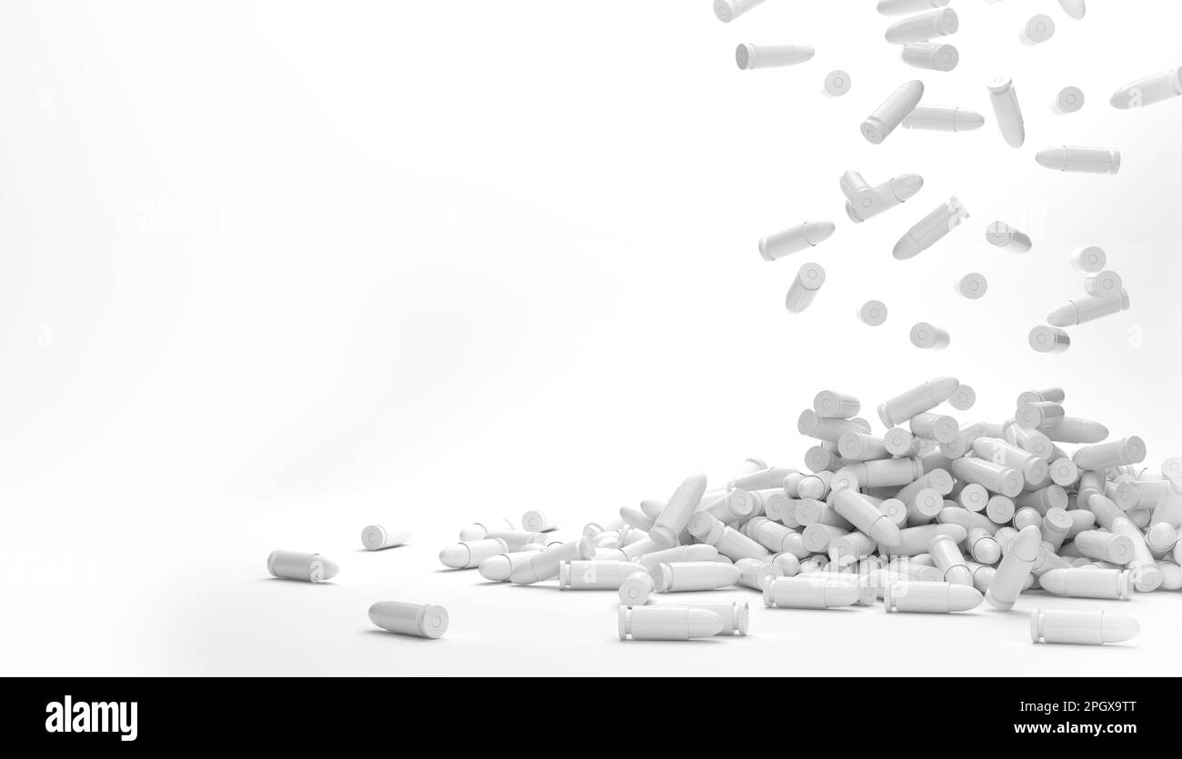 A digital 3D rendering of many white 9mm bullets falling on a floor