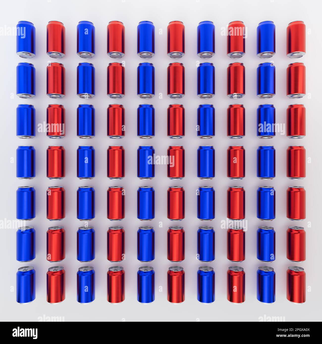 Overhead view of 3D Rendered Red and Blue Soda Cans lined up in