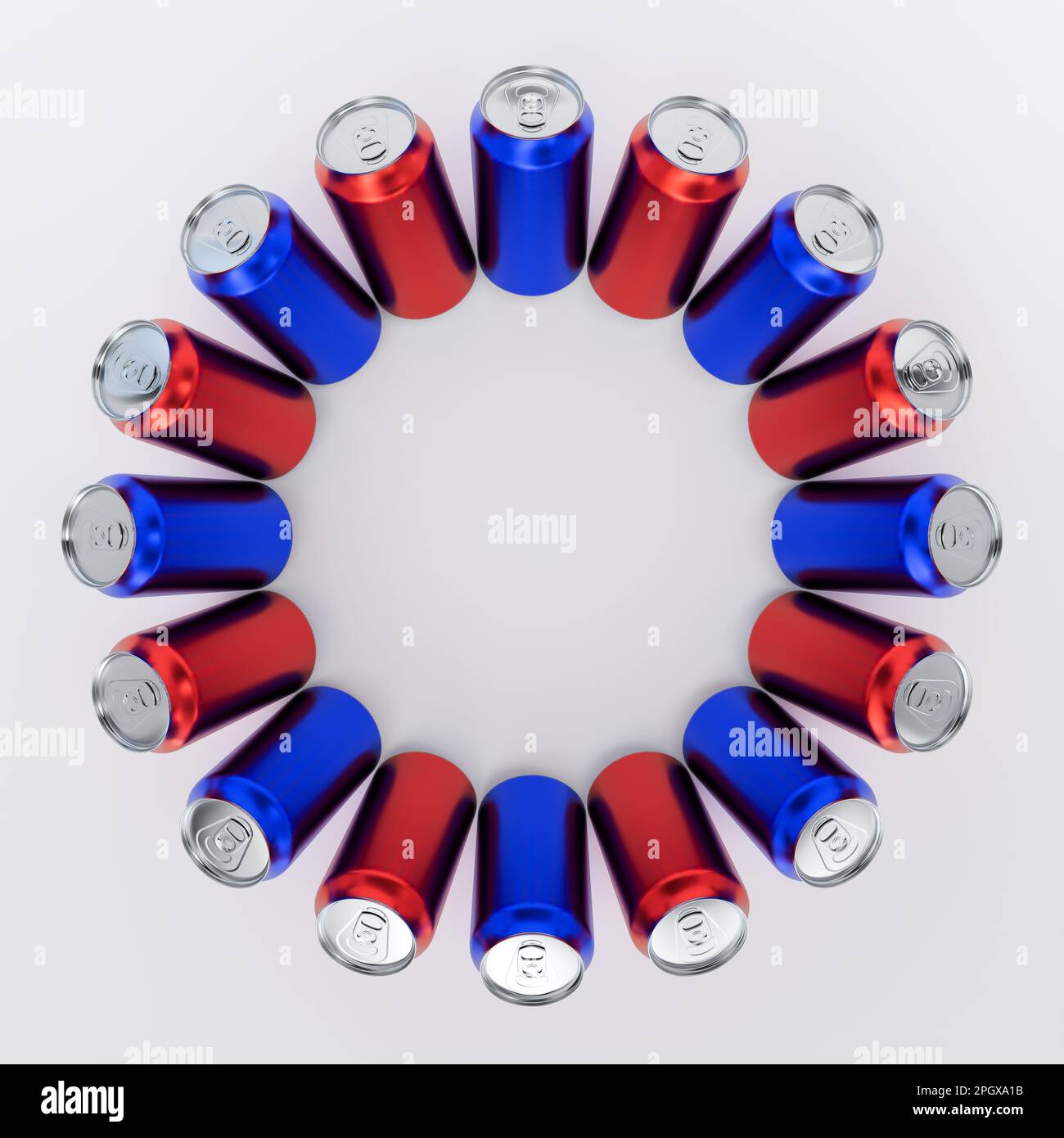 Overhead view of 3D Rendered Red and Blue Soda Cans lined up in a