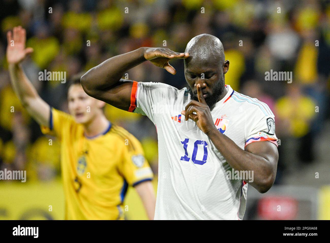 Belgium's Romelu Lukaku celebrates with a gesture after scoring 0-1 during the UEFA Euro 2024 group F qualifier football match between Sweden and Belg Stock Photo