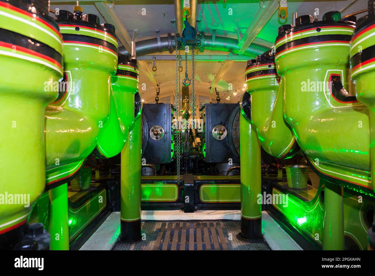 Steam engine water pump components in the Engine Rooms of Tower Bridge, which spans the River