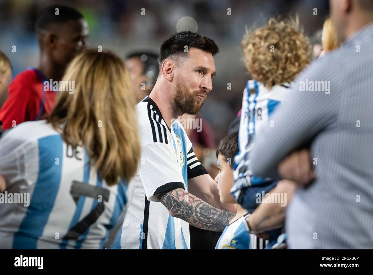 Lionel Messi of Argentina looks on prior to an international friendly match between Argentina and Panama at Estadio Mas Monumental Antonio Vespucio Liberti. Final score: Argentina 2 - 0 Panama Stock Photo