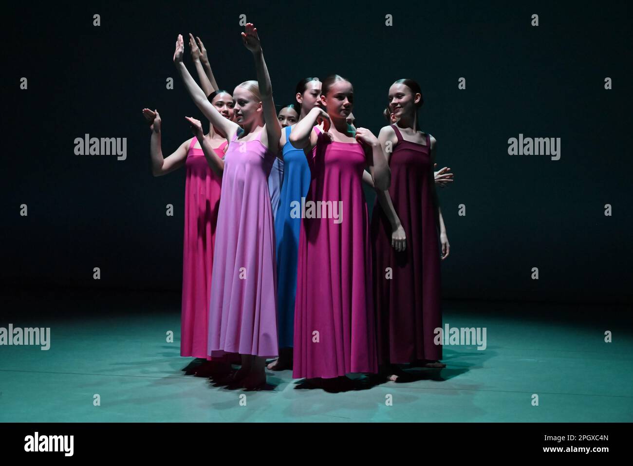 The glorious  young dancers of The Royal Swedish Ballet School performing extracts from Cohan's seminal 1975 work , Stabat Mater . An evening of choreography to honour the legacy of legendary choreographer Robert Cohan , the founding father of contemporary dance in this country is to be performed at The Place on 24 & 25 March 2023 .This piece will be performed by students of The Royal Swedish Ballet School . Stock Photo