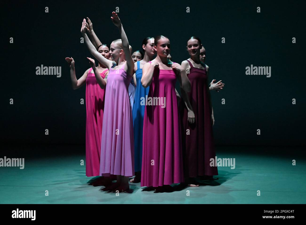 The glorious  young dancers of The Royal Swedish Ballet School performing extracts from Cohan's seminal 1975 work , Stabat Mater . An evening of choreography to honour the legacy of legendary choreographer Robert Cohan , the founding father of contemporary dance in this country is to be performed at The Place on 24 & 25 March 2023 .This piece will be performed by students of The Royal Swedish Ballet School . Stock Photo