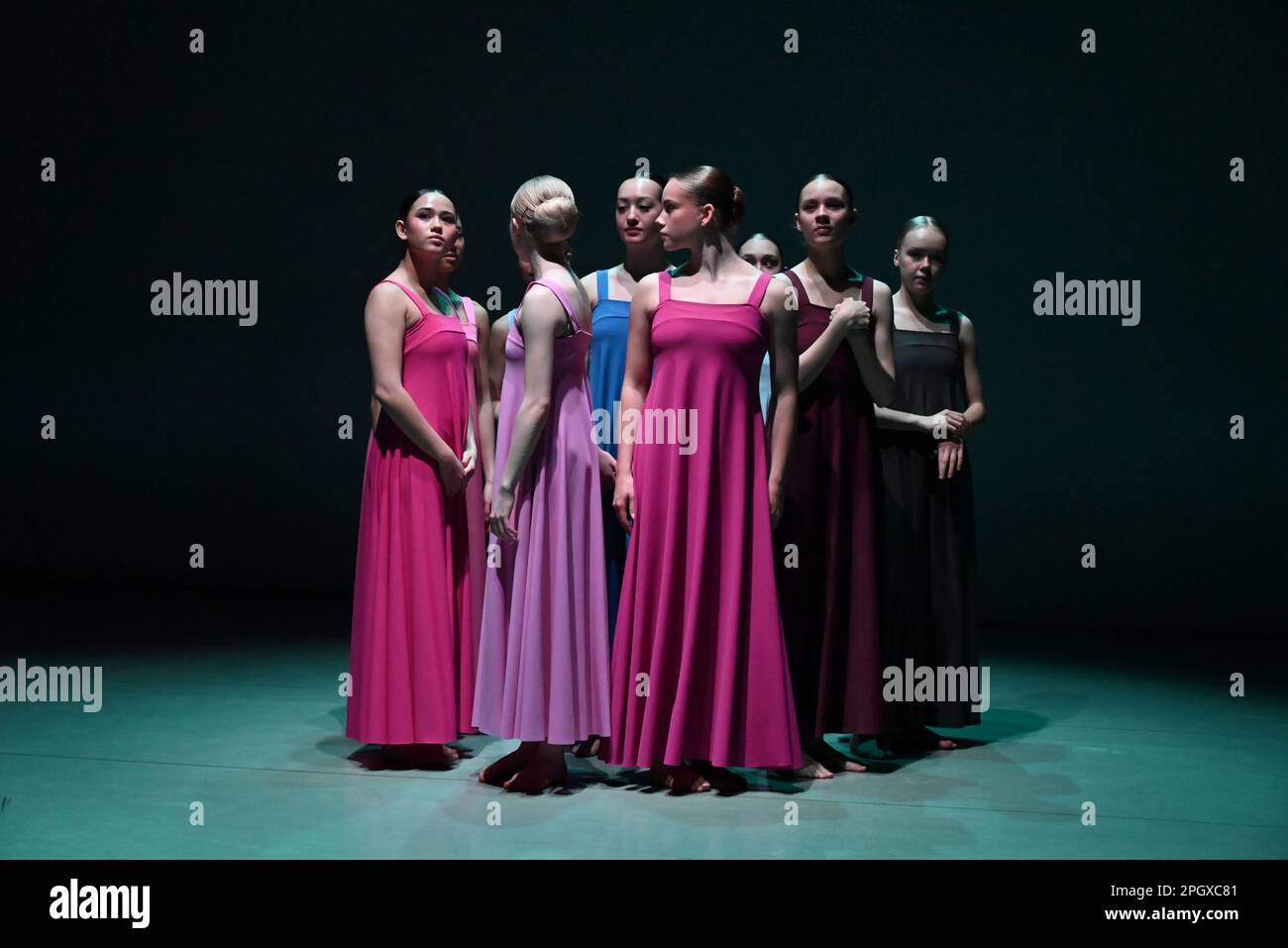 The glorious  young dancers of The Royal Swedish Ballet School performing extracts from Cohan's seminal 1975 work , Stabat Mater . An evening of choreography to honour the legacy of legendary choreographer Robert Cohan , the founding father of contemporary dance in this country is to be performed at The Place on 24 & 25 March 2023 .This piece will be performed by students of The Royal Swedish Ballet School . Stock Photo