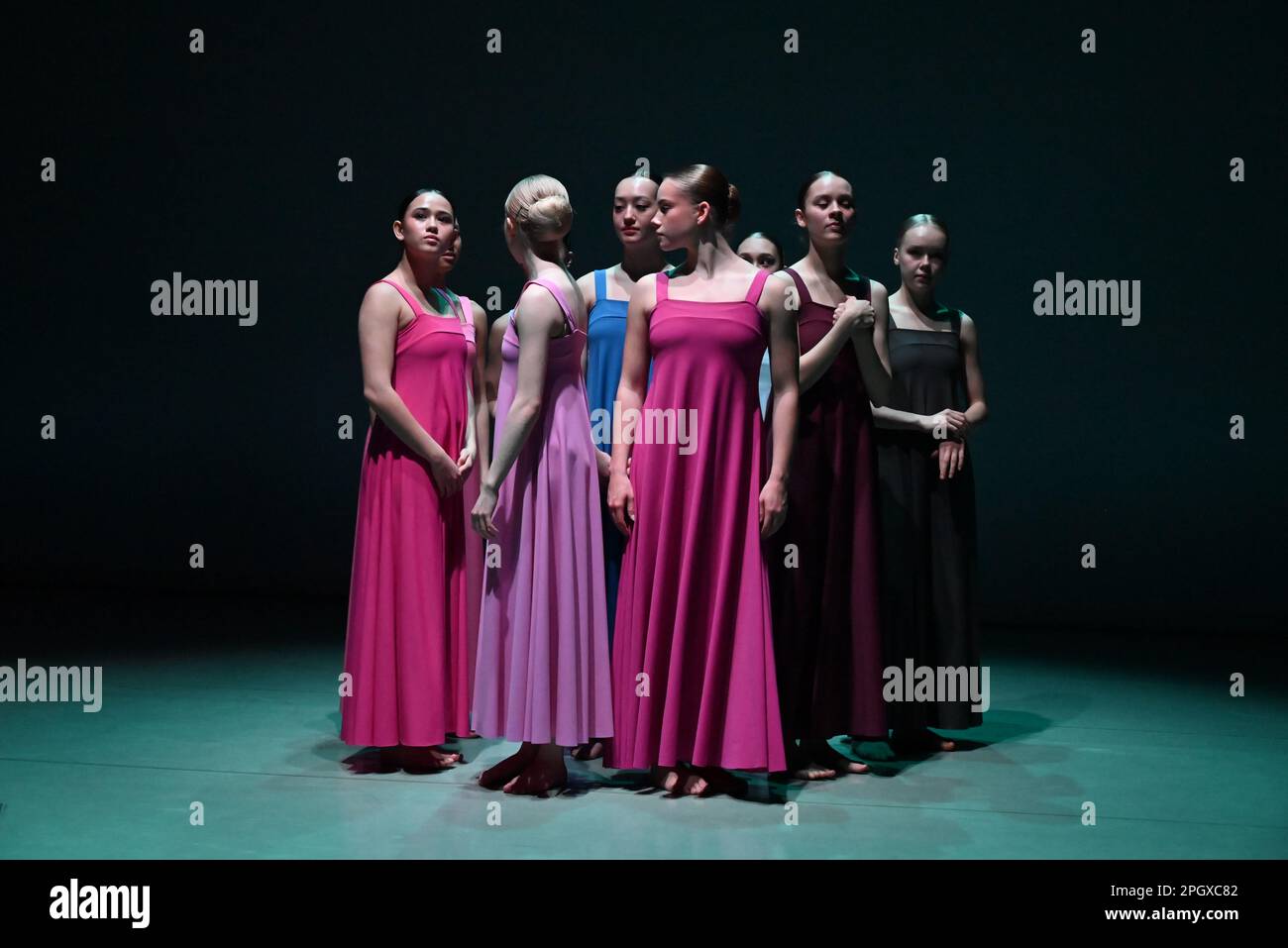 The glorious  young dancers of The Royal Swedish Ballet School performing extracts from Cohan's seminal 1975 work , Stabat Mater . An evening of choreography to honour the legacy of legendary choreographer Robert Cohan , the founding father of contemporary dance in this country is to be performed at The Place on 24 & 25 March 2023 .This piece will be performed by students of The Royal Swedish Ballet School . Stock Photo