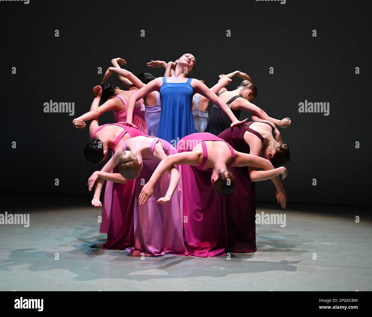 The glorious  young dancers of The Royal Swedish Ballet School performing extracts from Cohan's seminal 1975 work , Stabat Mater . An evening of choreography to honour the legacy of legendary choreographer Robert Cohan , the founding father of contemporary dance in this country is to be performed at The Place on 24 & 25 March 2023 .This piece will be performed by students of The Royal Swedish Ballet School . Stock Photo