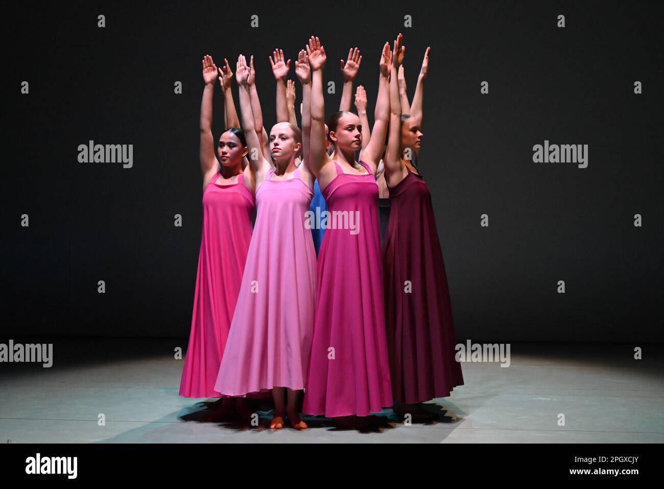 The glorious  young dancers of The Royal Swedish Ballet School performing extracts from Cohan's seminal 1975 work , Stabat Mater . An evening of choreography to honour the legacy of legendary choreographer Robert Cohan , the founding father of contemporary dance in this country is to be performed at The Place on 24 & 25 March 2023 .This piece will be performed by students of The Royal Swedish Ballet School . Stock Photo