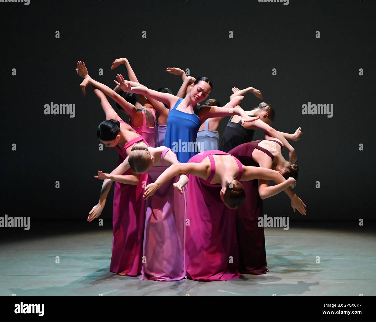 The glorious  young dancers of The Royal Swedish Ballet School performing extracts from Cohan's seminal 1975 work , Stabat Mater . An evening of choreography to honour the legacy of legendary choreographer Robert Cohan , the founding father of contemporary dance in this country is to be performed at The Place on 24 & 25 March 2023 .This piece will be performed by students of The Royal Swedish Ballet School . Stock Photo