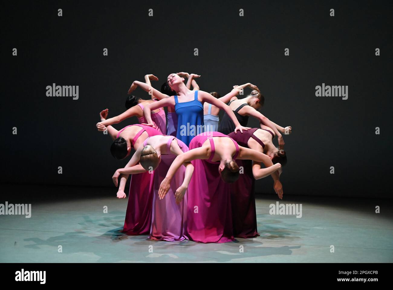 The glorious  young dancers of The Royal Swedish Ballet School performing extracts from Cohan's seminal 1975 work , Stabat Mater . An evening of choreography to honour the legacy of legendary choreographer Robert Cohan , the founding father of contemporary dance in this country is to be performed at The Place on 24 & 25 March 2023 .This piece will be performed by students of The Royal Swedish Ballet School . Stock Photo