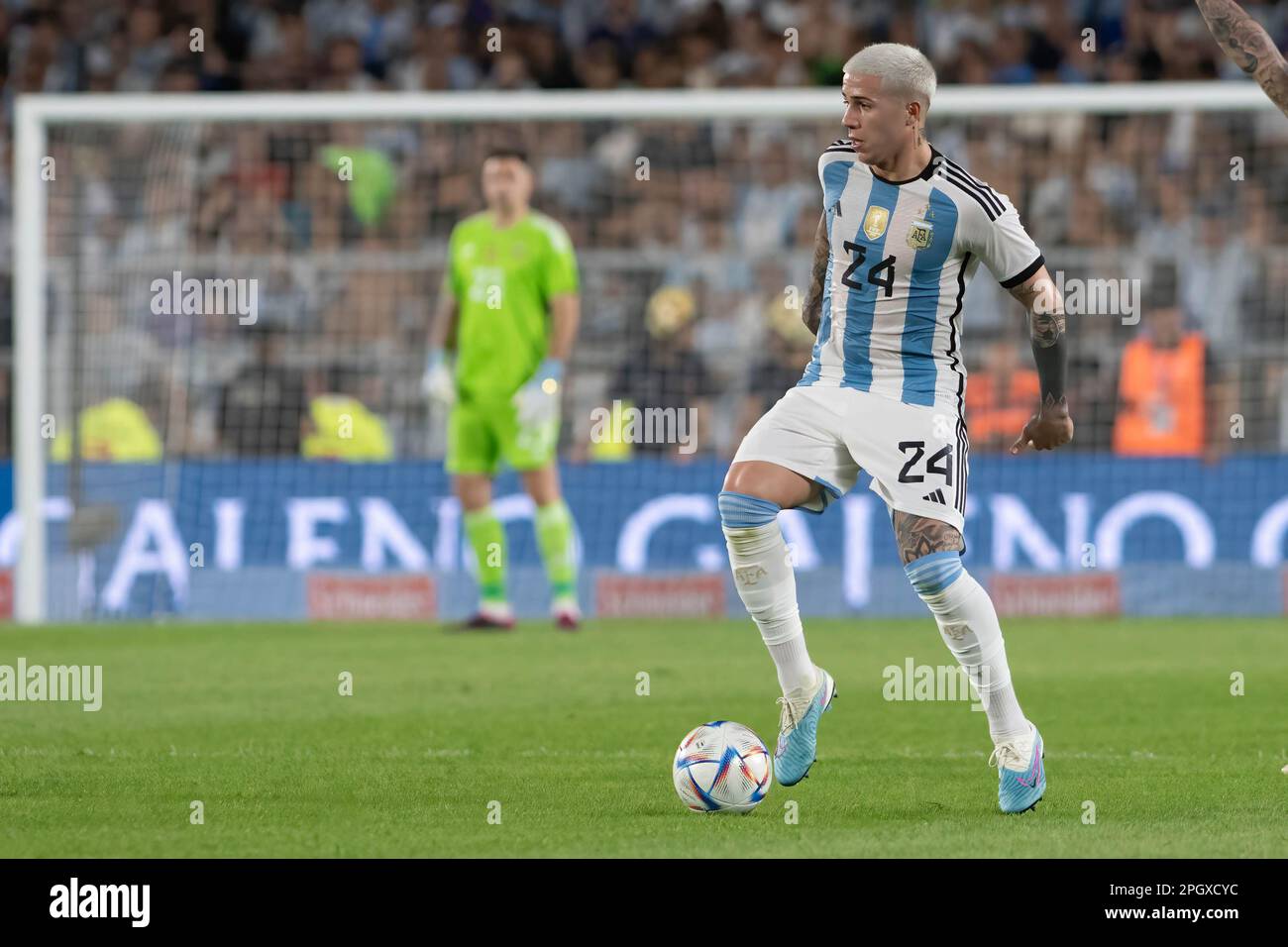 Buenos Aires, Argentina. 23rd Mar, 2023. Enzo Fernandez of Argentina seen in action during an international friendly match between Argentina and Panama at Estadio Mas Monumental Antonio Vespucio Liberti. Final score: Argentina 2 - 0 Panama (Credit Image: © Manuel Cortina/SOPA Images via ZUMA Press Wire) EDITORIAL USAGE ONLY! Not for Commercial USAGE! Stock Photo