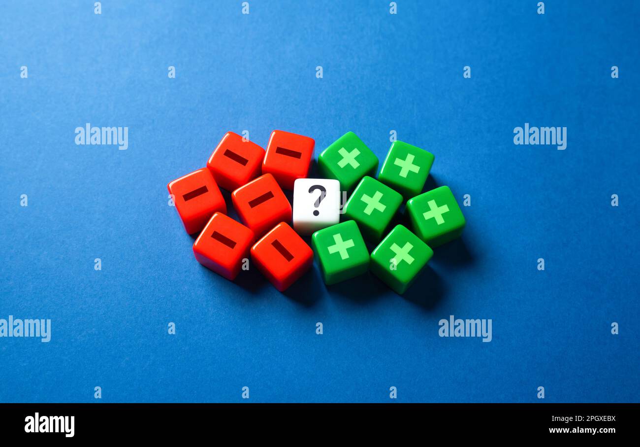 Pros and cons on the subject. Risk planning. Advantages and disadvantages. Evaluating possible profit and losses. Make a choice despite on benefits an Stock Photo