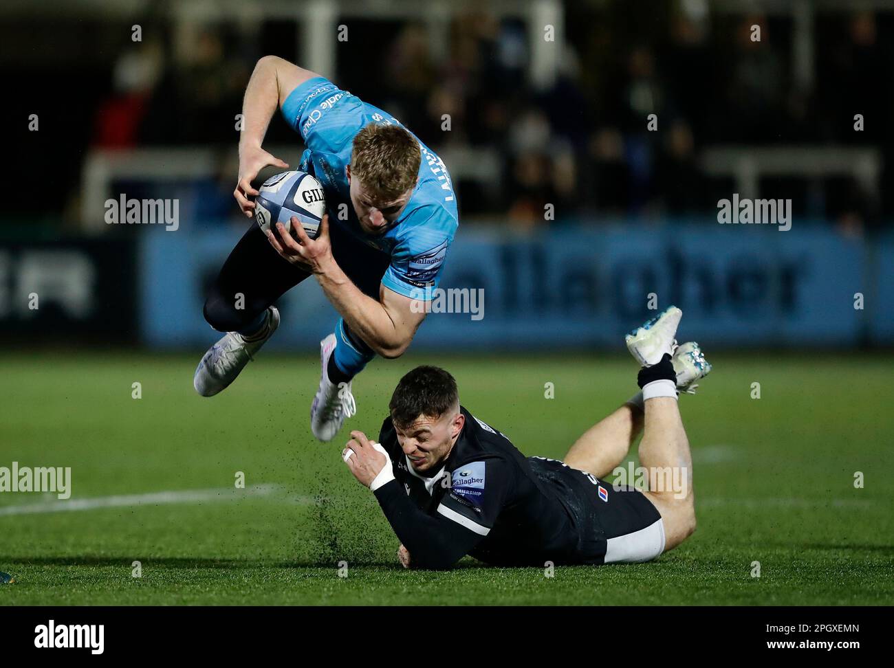 Gloucester's Ollie Thorley is tackled by Newcastle Falcons' Adam Radwan during the Gallagher Premiership match at Kingston Park, Newcastle upon Tyne. Picture date: Friday March 24, 2023. Stock Photo
