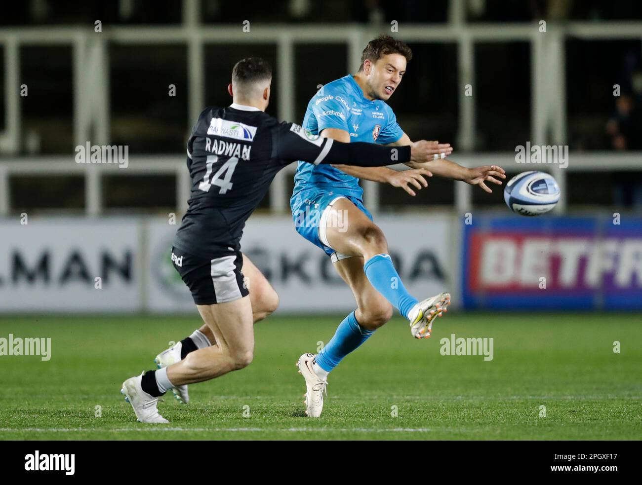 Newcastle Falcons' Adam Radwan (left) and Gloucester's Lewis Ludlow in action during the Gallagher Premiership match at Kingston Park, Newcastle upon Tyne. Picture date: Friday March 24, 2023. Stock Photo