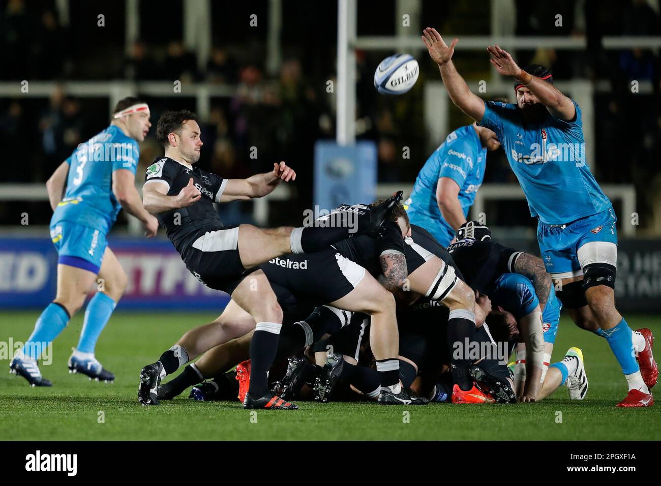 Newcastle Falcons' Micky Young kicks the ball away during the Gallagher Premiership match at Kingston Park, Newcastle upon Tyne. Picture date: Friday March 24, 2023. Stock Photo