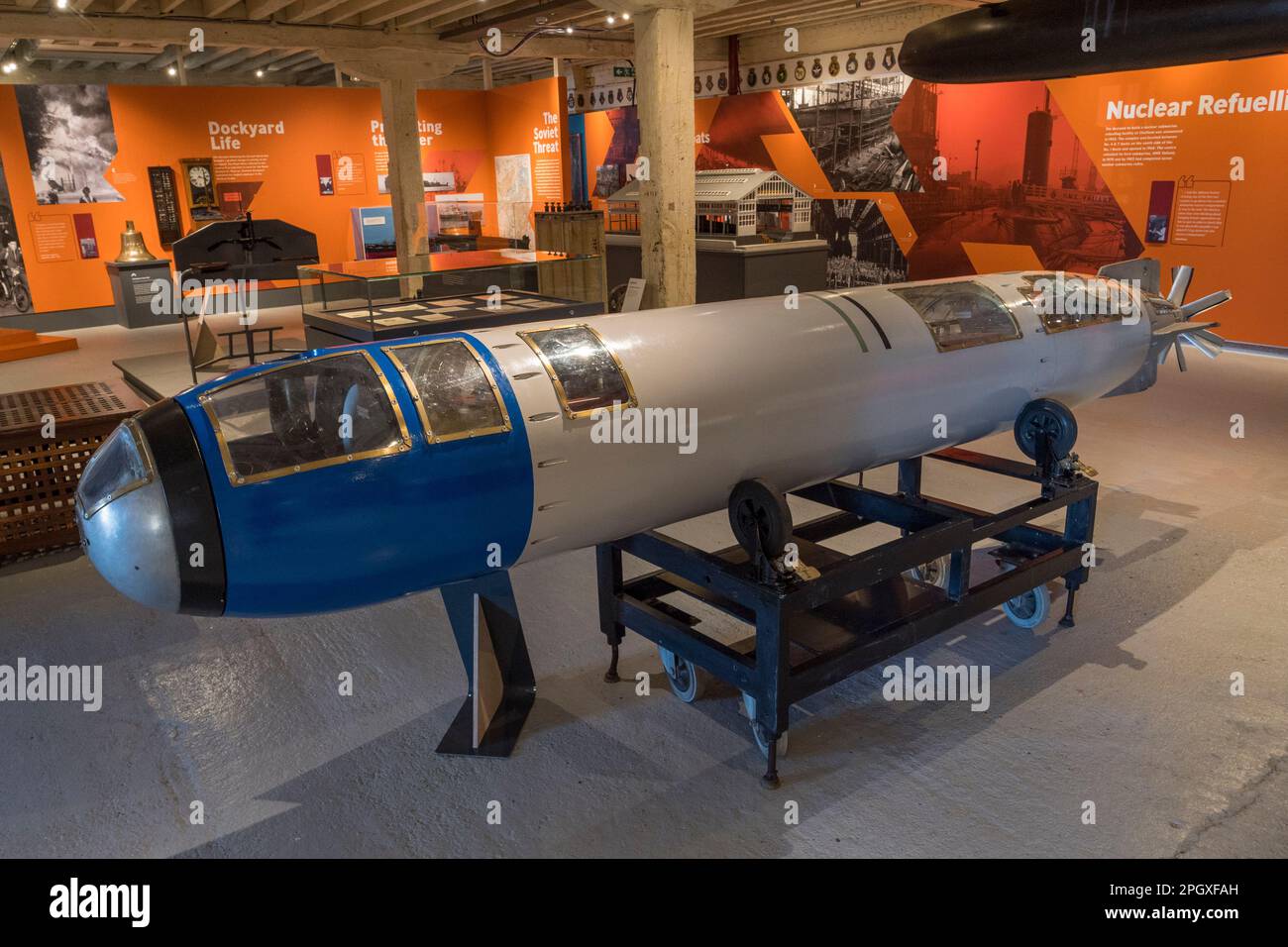 A Mark 20S electric torpedo designed for use in the Cold War era, in the Steam, Steel & Submarines exhibit, Historic Dockyard Chatham, Kent, UK. Stock Photo