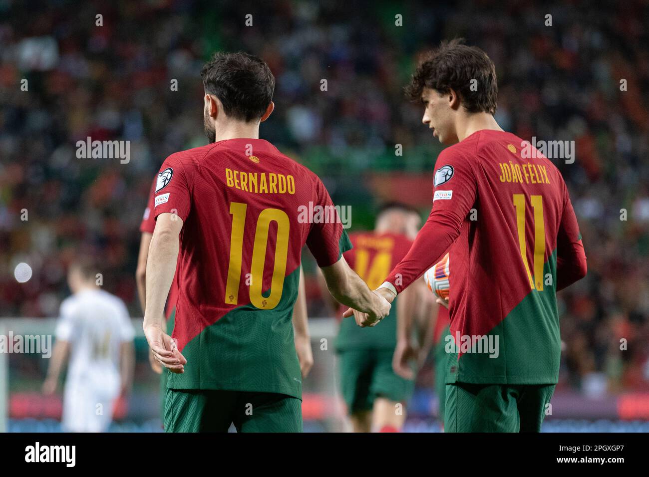 March 23, 2023. Lisbon, Portugal. Portugal's and Manchester City midfielder Bernardo Silva (10) and Portugal's and Chelsea forward Joao Felix (11) in action during the 1st Round of Group J for the Euro 2024 Qualifying Round, Portugal vs Liechtenstein Credit: Alexandre de Sousa/Alamy Live News Stock Photo