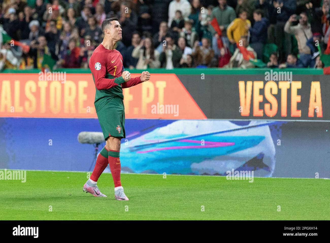 March 23, 2023. Lisbon, Portugal. Portugal's and Al Nassr forward Cristiano Ronaldo (7) celebrating after scoring a goal during the 1st Round of Group J for the Euro 2024 Qualifying Round, Portugal vs Liechtenstein Credit: Alexandre de Sousa/Alamy Live News Stock Photo