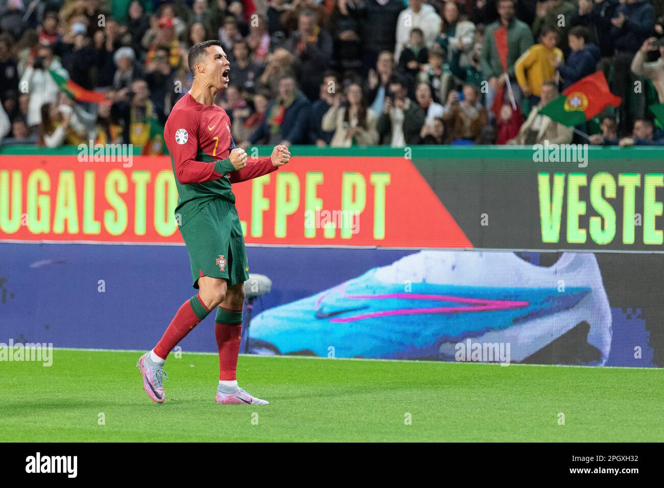 March 23, 2023. Lisbon, Portugal. Portugal's and Al Nassr forward Cristiano Ronaldo (7) celebrating after scoring a goal during the 1st Round of Group J for the Euro 2024 Qualifying Round, Portugal vs Liechtenstein Credit: Alexandre de Sousa/Alamy Live News Stock Photo