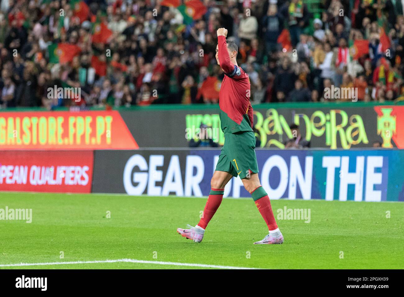 Lisbon, Portugal. 23rd Mar, 2023. March 23, 2023. Lisbon, Portugal. PortugalÕs and Al Nassr forward Cristiano Ronaldo (7) celebrating after scoring a goal during the 1st Round of Group J for the Euro 2024 Qualifying Round, Portugal vs Liechtenstein Credit: Alexandre de Sousa/Alamy Live News Stock Photo