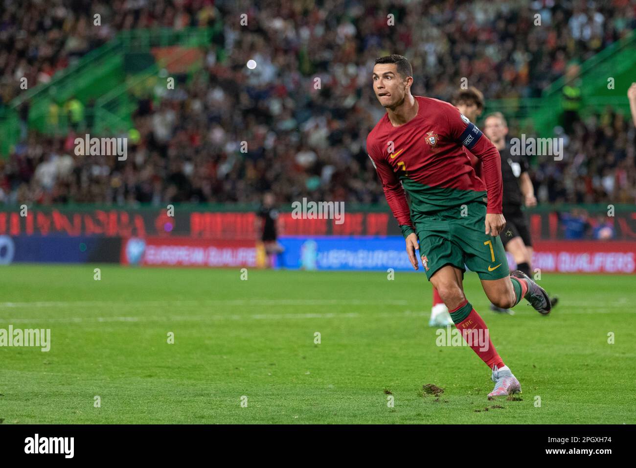 March 23, 2023. Lisbon, Portugal. Portugal's and Al Nassr forward Cristiano Ronaldo (7) in action during the 1st Round of Group J for the Euro 2024 Qualifying Round, Portugal vs Liechtenstein Credit: Alexandre de Sousa/Alamy Live News Stock Photo