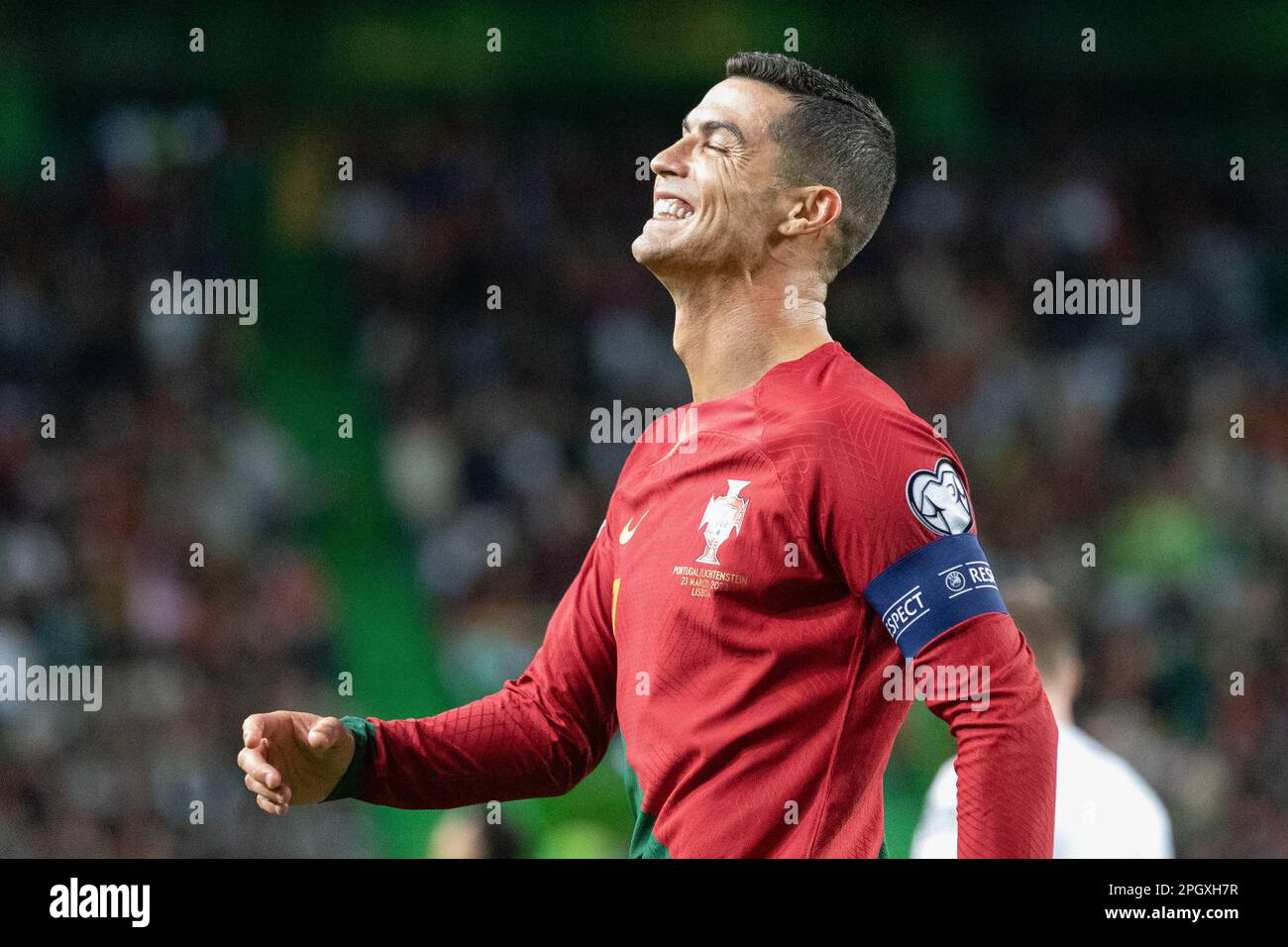 Lisbon, Portugal. 23rd Mar, 2023. Cristiano Ronaldo of Portugal celebrates  after scoring a goal during the UEFA Euro 2024 qualifying round group J  match between Portugal and Liechtenstein at Estadio Jose Alvalade.