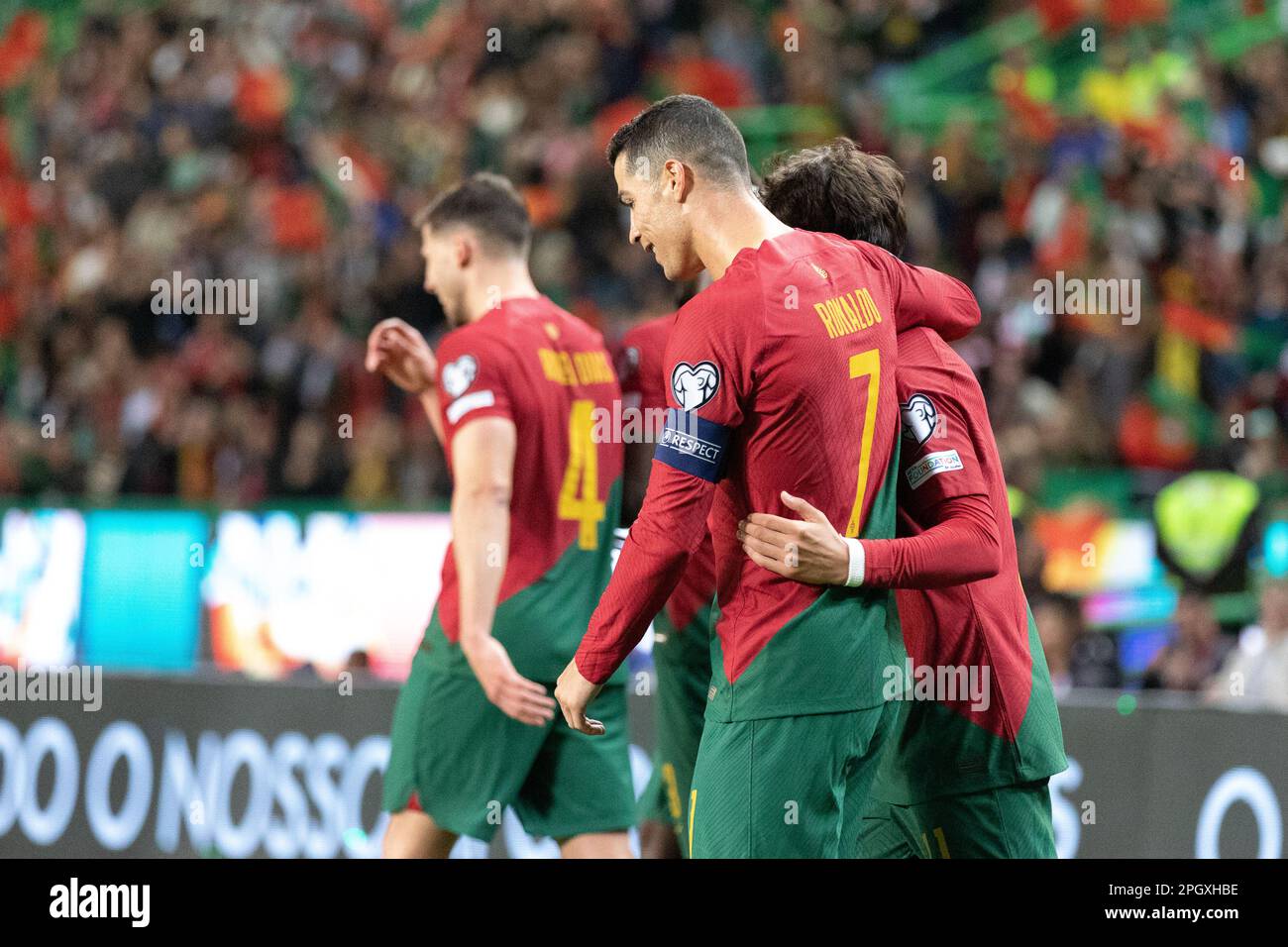 March 23, 2023. Lisbon, Portugal. Portugal's and Al Nassr forward Cristiano Ronaldo (7) celebrating after scoring a goal during the 1st Round of Group J for the Euro 2024 Qualifying Round, Portugal vs Liechtenstein Credit: Alexandre de Sousa/Alamy Live News Stock Photo