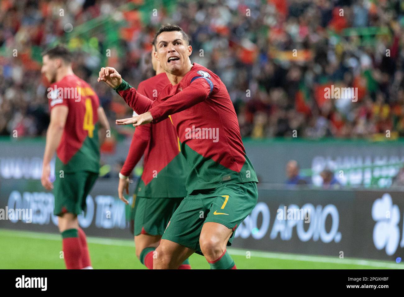 March 23, 2023. Lisbon, Portugal. Portugal's and Al Nassr forward Cristiano Ronaldo (7) celebrating after scoring a goal during the 1st Round of Group J for the Euro 2024 Qualifying Round, Portugal vs Liechtenstein Credit: Alexandre de Sousa/Alamy Live News Stock Photo