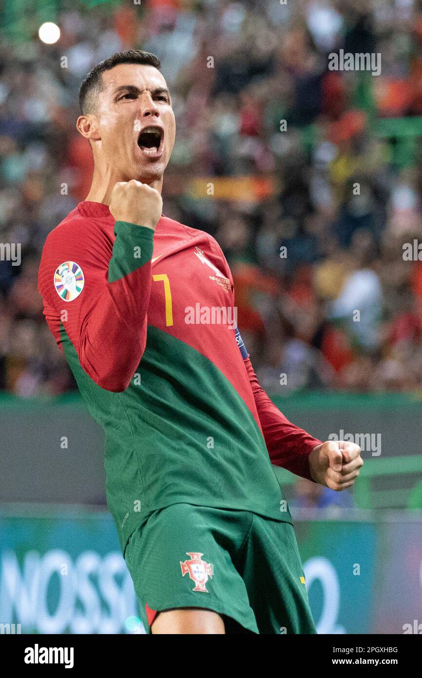 Lisbon, Portugal. 23rd Mar, 2023. Cristiano Ronaldo of Portugal celebrates  after scoring a goal during the UEFA Euro 2024 qualifying round group J  match between Portugal and Liechtenstein at Estadio Jose Alvalade.