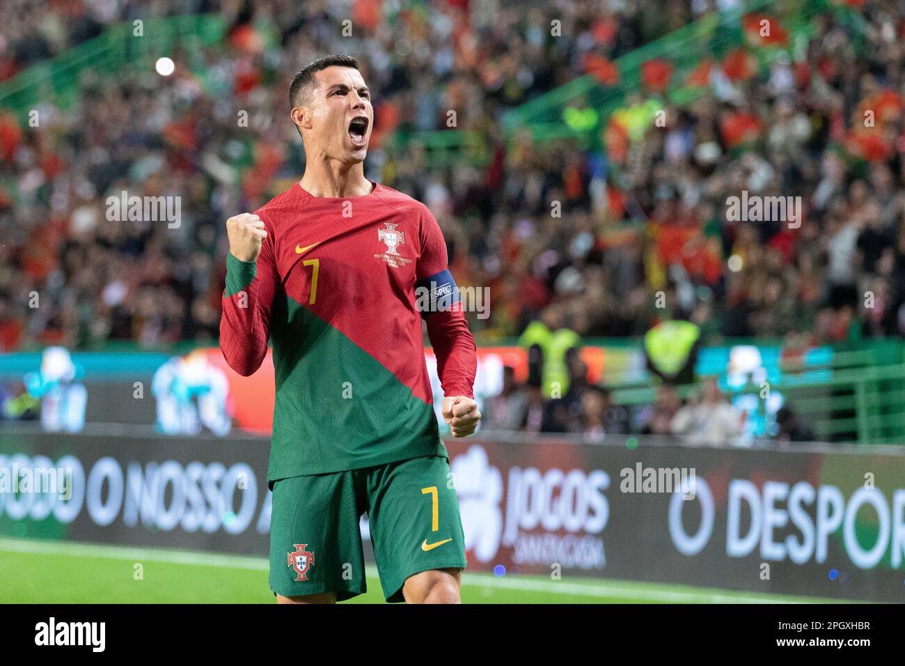 March 23, 2023. Lisbon, Portugal. Portugal's and Al Nassr forward Cristiano Ronaldo (7) celebrating after scoring a goal during the 1st Round of Group J for the Euro 2024 Qualifying Round, Portugal vs Liechtenstein Credit: Alexandre de Sousa/Alamy Live News Stock Photo