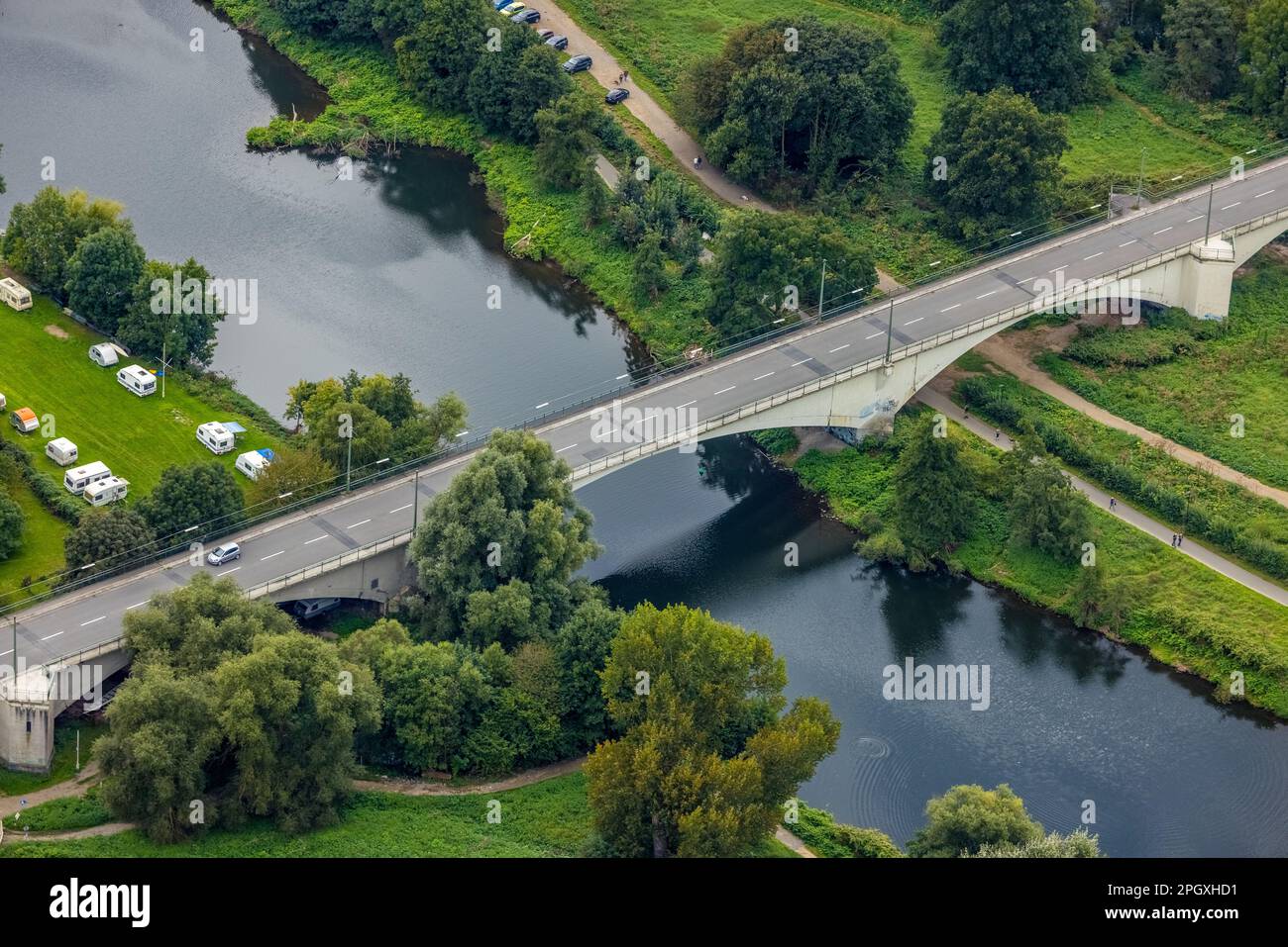 Aerial view, Ruhrbrücke Herbede over Ruhr river in Herbede district of Witten, Ruhr area, North Rhine-Westphalia, Germany, bridge, DE, Europe, aerial Stock Photo